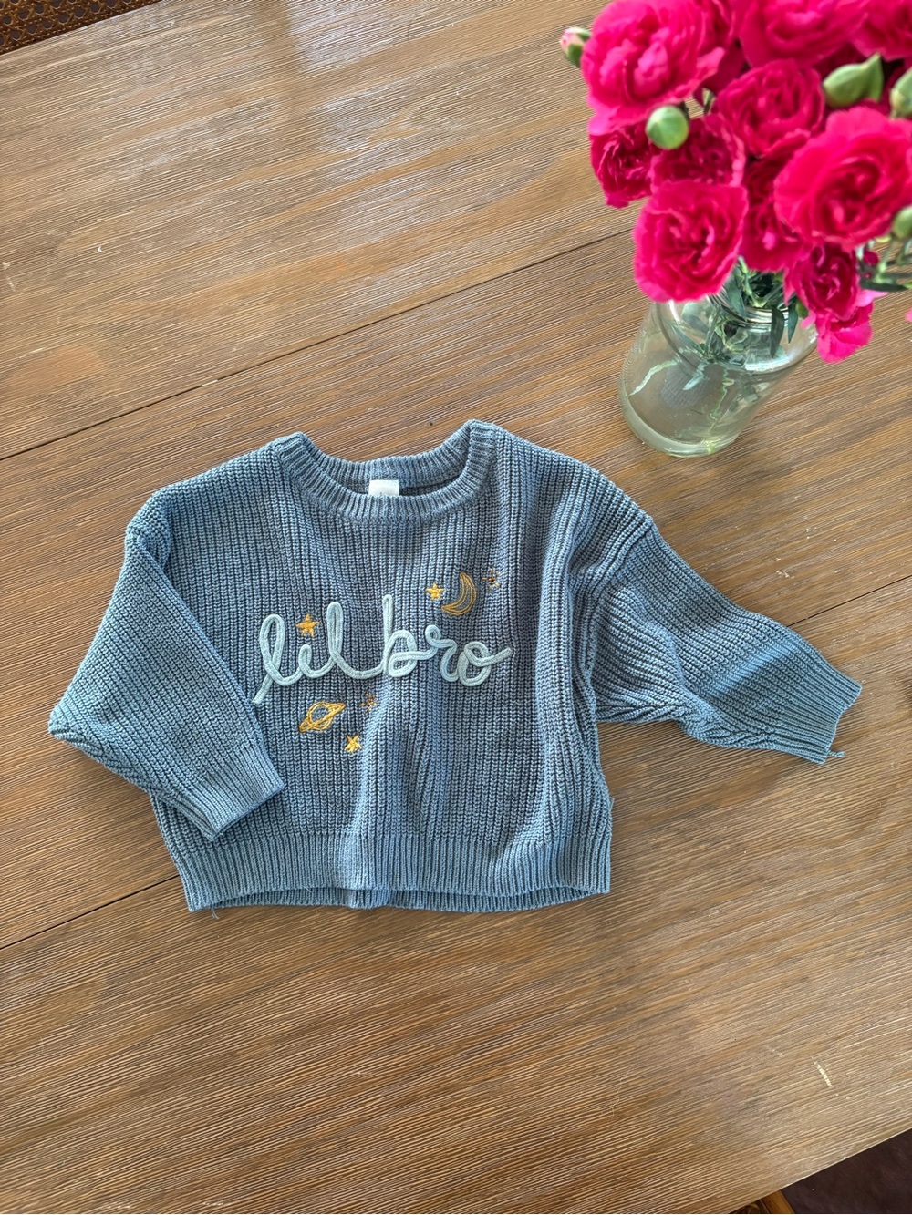 Blue Knit 'lil bro' Embroidered Baby Sweater modern moments